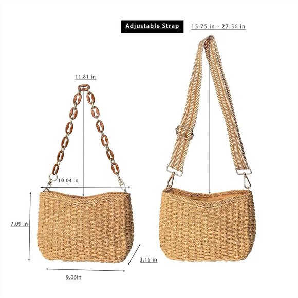 Women’s Straw Crossbody Bag Small Handwoven Summer Beach Handbag with Chain - Picture 2 of 9